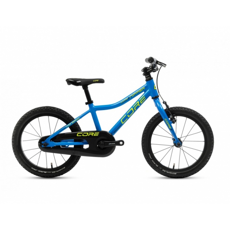 Dětské kolo Core Nipper Al 16" torpédo - modrý s reflexní žlutou, pláště Schwalbe, váha 6.65 kg